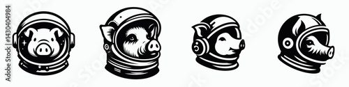 Pig head with astronaut helmet. Space suit universe galaxy cartoon clipart. Swine cranium inside spaceman dome unusual cosmic art.