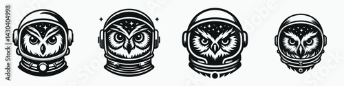 Owl head with astronaut helmet. Space suit universe galaxy cartoon clipart. Avian cranium helmet celestial explorer cosmic journey.