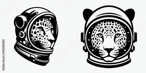 Leopard head with astronaut helmet. Space suit universe galaxy cartoon clipart. Feline portrait spaceman gear unique headwear cosmos theme.