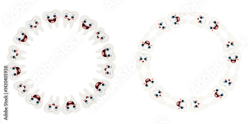 Cartoon teeth with eyes and emotions forming a decorative frame, outline style, isolated vector illustration, cute and playful design