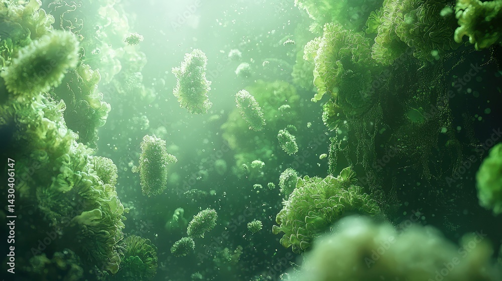 Fototapeta premium Close-up of vibrant green microorganisms in a serene underwater environment.