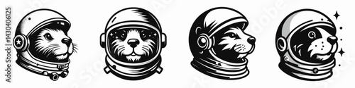 Beaver head with astronaut helmet. Space suit universe galaxy cartoon clipart. Rodent face inside galactic dome mammal explorer.
