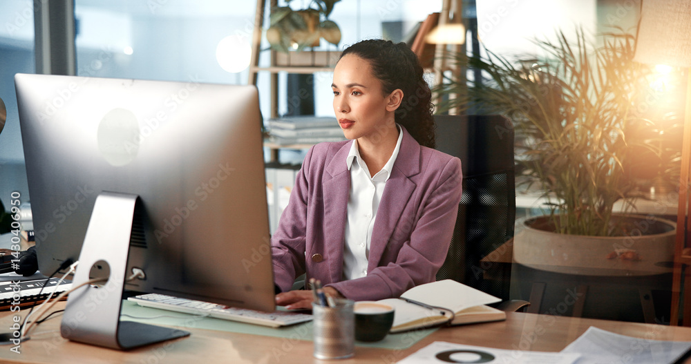 Research, advisor or woman on computer in finance for online project, review or economy website. Employee, financial consultant and accountant on digital tech for planning budget, report or business