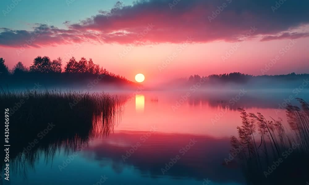 Serene sunset over a tranquil lake with mist, reflecting vibrant colors and silhouettes of trees Serene sunset over a tranquil lake with mist, reflecting vibrant colors and silhouettes of trees