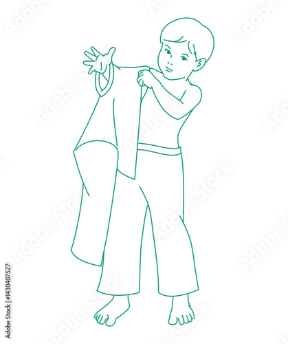 little boy wearing a shirt by himself