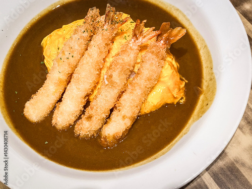 Obraz na płótnie Japanese Ebi Fry Curry Rice on White Plate w salonie