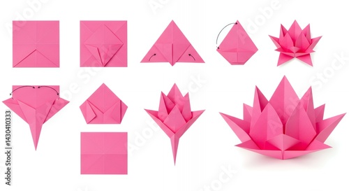 Step-by-step instructions for creating a pink origami lotus flower.