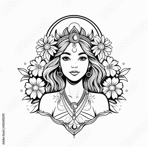 Woman with flower decoration around her on a white background generate ai
