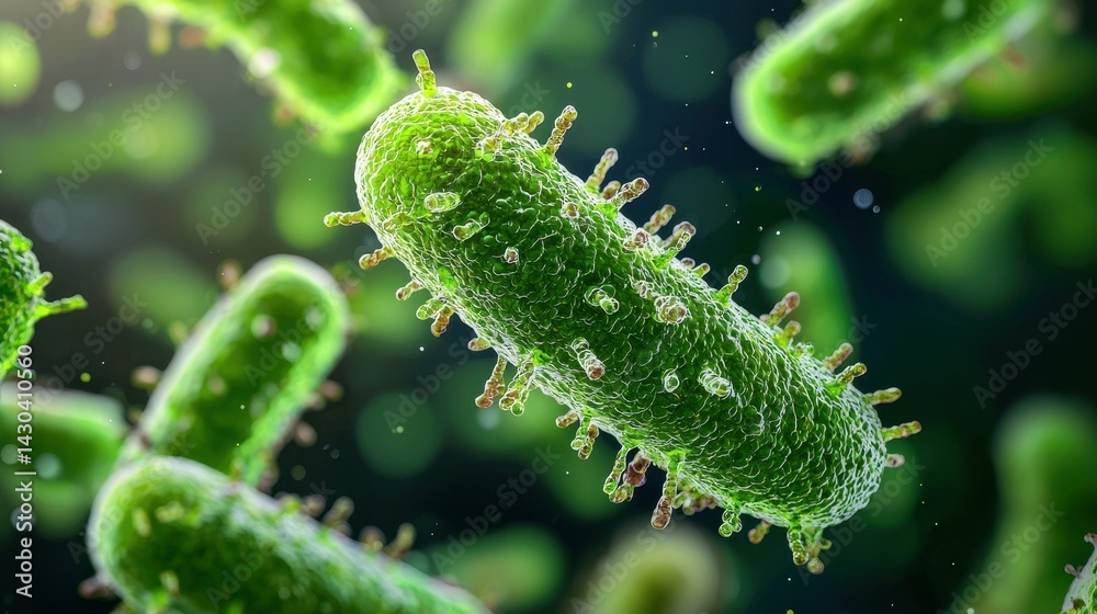 Fototapeta premium Microscopic view of green bacteria showing intricate details and textures.