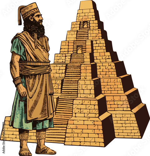 Ancient Mesopotamian King and Ziggurat Illustration