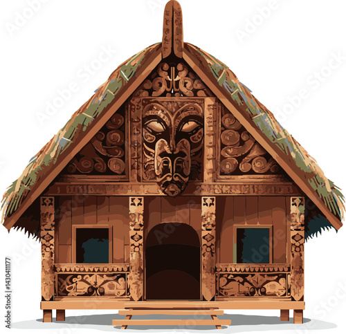 Traditional Maori Carved Meeting House Illustration
