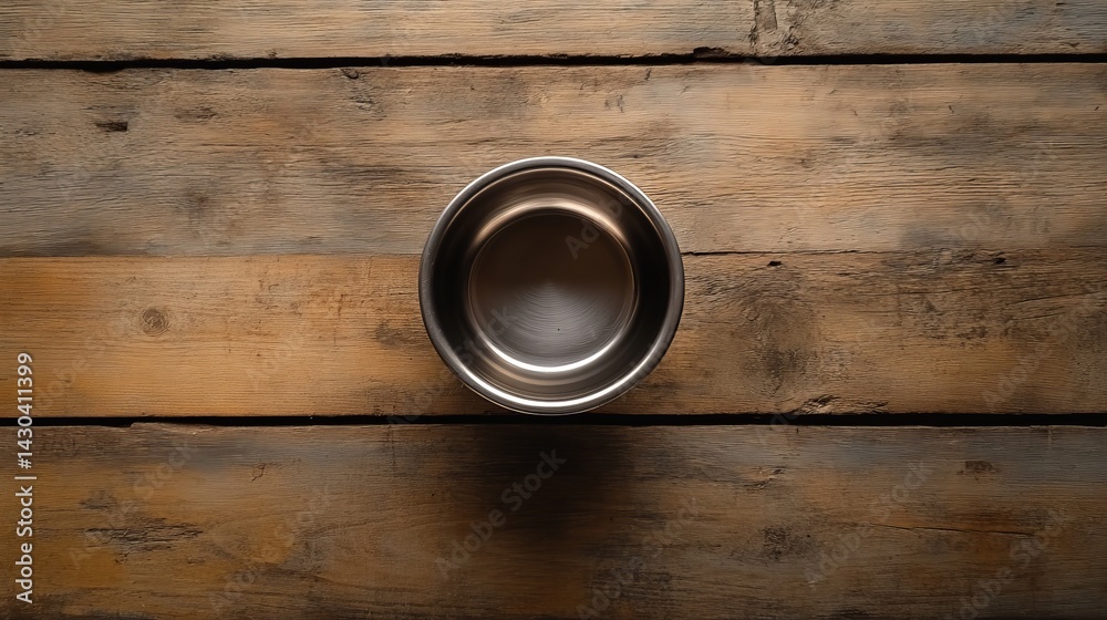 Empty metal bowl on rustic brown wooden table background top old food life view gray dark home still Empty metal bowl on rustic brown wooden table background top old food life view gray dark home still