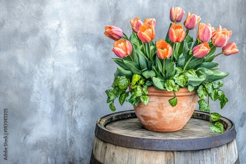 Ornamental terracotta pot brimming with vibrant orange-pink tulips.