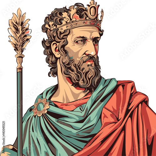 Regal King with Crown and Scepter Vector Illustration