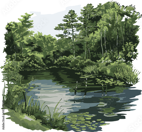 Tranquil Pond Scene with Lush Green Trees and Water Reflection
