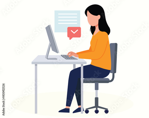 Woman Working on Computer – Flat Vector Illustration