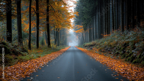 quiet autumn forest road lined with vibrant orange and yellow leaves, surrounded by tall trees and misty atmosphere, evokes sense of tranquility and peace