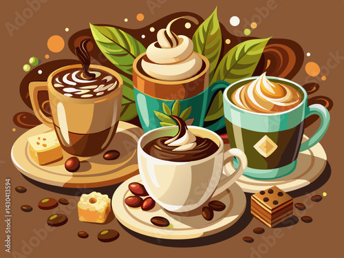 vector of Coffee is served in cups with milk cream and chocolate deposits on a brown background