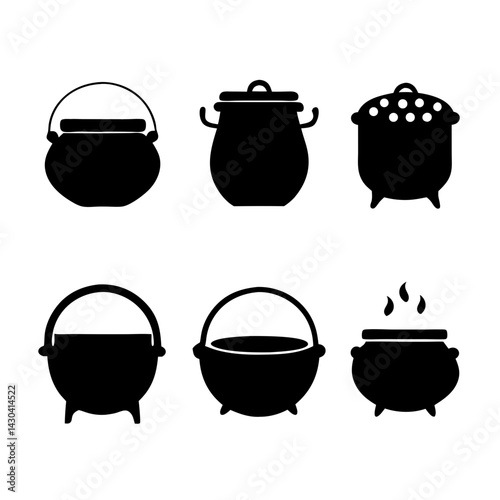 Witch pots set in simple style celebration Halloween Silhouette of cauldron for print and design Isolated black elements on a white background