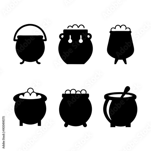 Witch pots set in simple style celebration Halloween Silhouette of cauldron for print and design Isolated black elements on a white background