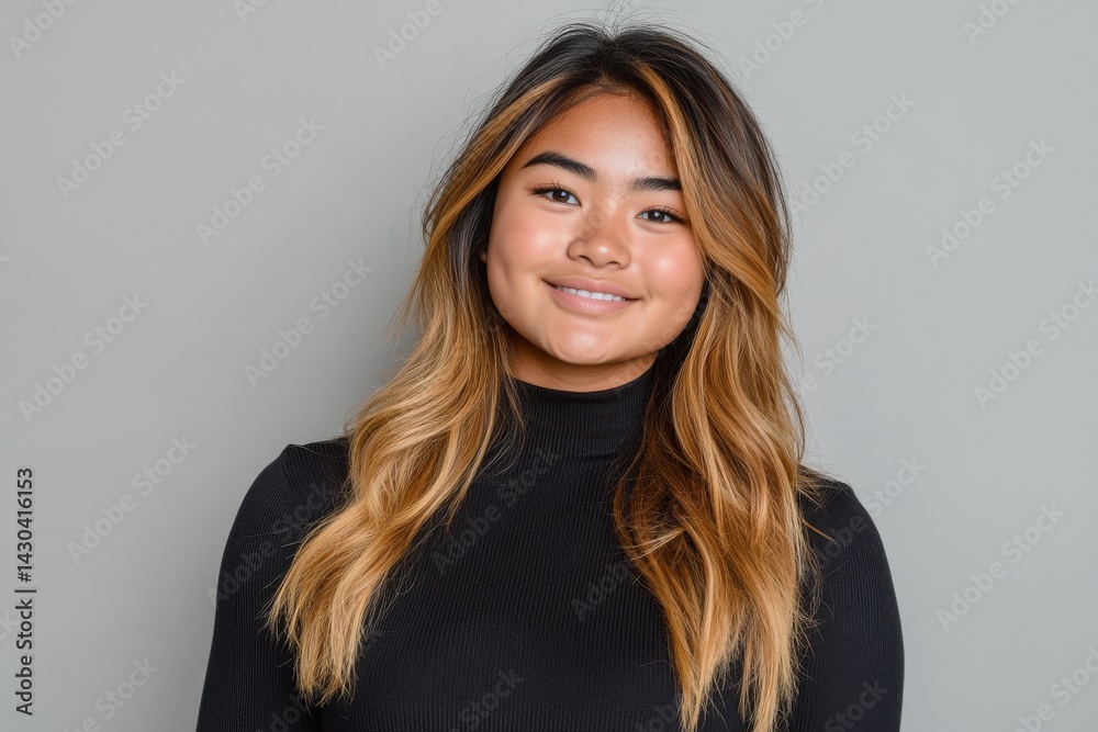 Fototapeta premium An Asian woman's positive smile stands out on a white background, capturing the concept of beauty through a positive smile
