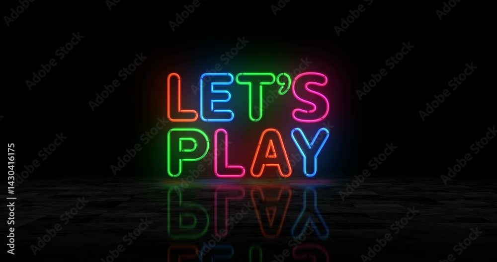 Let's play game neon glowing symbol. Light color bulbs. Lets play gaming abstract concept 3d animation.