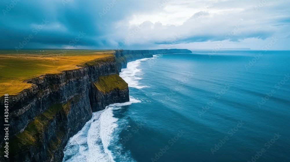 Fototapeta premium Stunning aerial view of rugged cliffs meeting a tranquil blue ocean under dramatic skies.