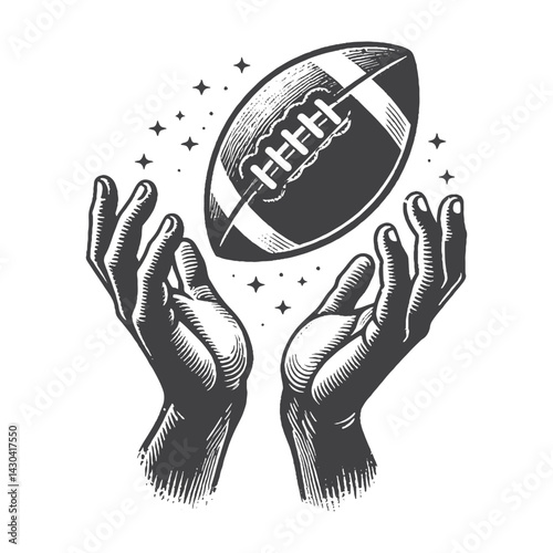 Vintage Football with Hands Reaching – Classic Gridiron Action Vector for T-Shirts, Posters, Stickers, and Sports Themes