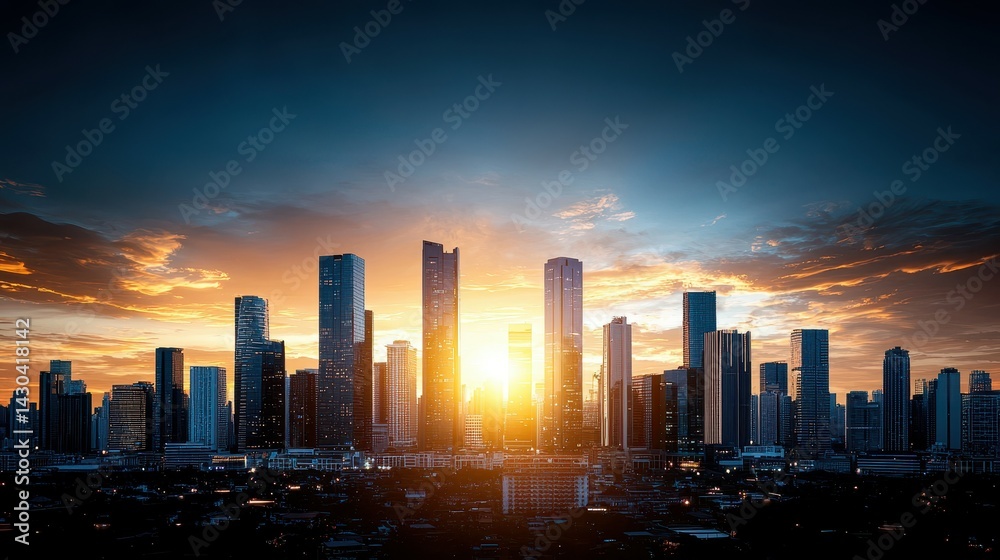 Fototapeta premium Dramatic sunset over a modern city skyline, showcasing towering skyscrapers and vibrant colors.