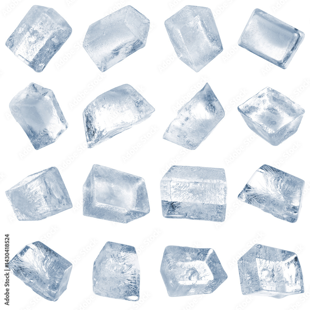 Naklejka premium Clear ice cubes on white background, set