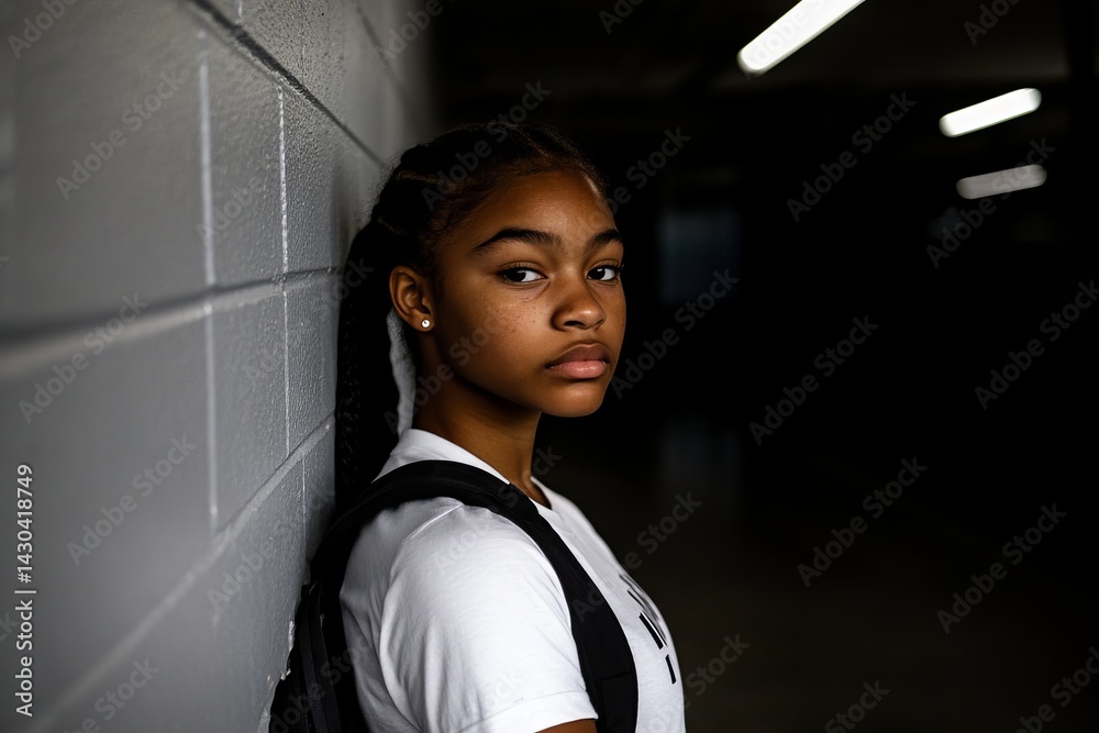 African american teenage girl looks sad and isolated in a high school hallway