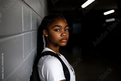 Obraz na płótnie African american teenage girl looks sad and isolated in a high school hallway w salonie