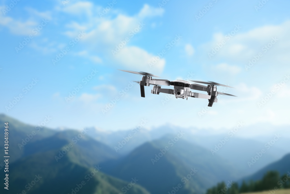 Drone with camera flying in mountains. Unmanned aerial vehicle for surveillance Drone with camera flying in mountains. Unmanned aerial vehicle for surveillance