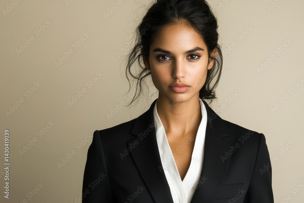 Indian businesswoman in her youth wearing formal attire stands with arms crossed in front of a beige backdrop symbolizing a corporate idea Indian businesswoman in her youth wearing formal attire stands with arms crossed in front of a beige backdrop symbolizing a corporate idea