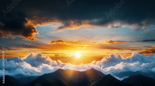 Breathtaking sunset over majestic mountains with colorful clouds.
