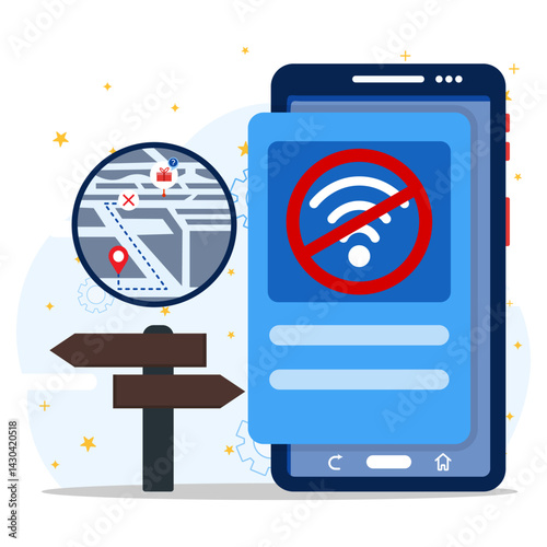 Wifi connection lost concept. No signal wifi to tracking GPS maps online. No internet access found. Connection lost on smartphone screen. Wireless connectivity lost. Wifi connection error.