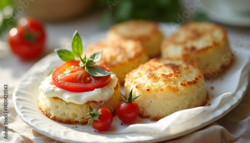Rice cakes with cream cheese, tomato and mozzarella. isolated on white background