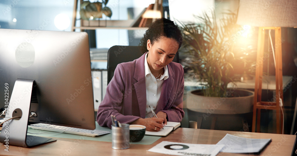 Computer, planning and writing with business woman at desk for investment or portfolio management. Agenda, finance and notebook with stock market broker in workplace for strategy development