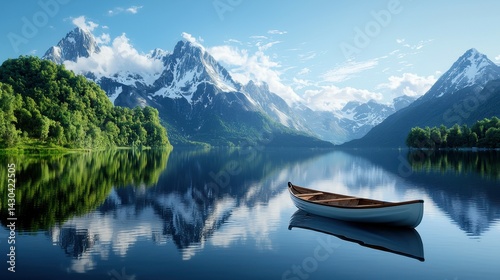 Serene mountain lake with a lone canoe reflecting in the calm waters.