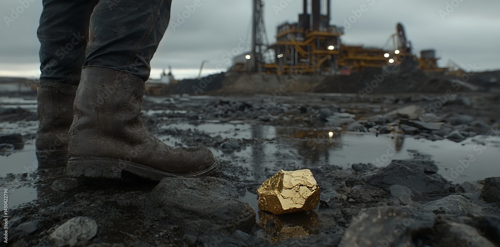 A professional miner is shown at close range working with equipment amidst rocks at a mine during the day A professional miner is shown at close range working with equipment amidst rocks at a mine during the day