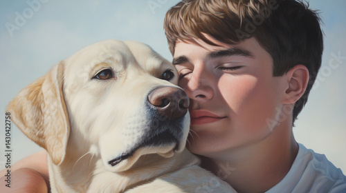 Young man shares a gentle embrace with a loyal yellow lab in a serene outdoor setting during a sunny day