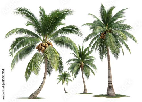 tropical coconut palm trees isolated on white background, PNG