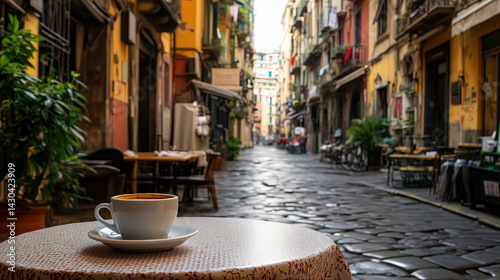 Fototapeta Naklejka Na Ścianę i Meble -  Cup of fresh hot coffee in an outdoor cafe in Italian city