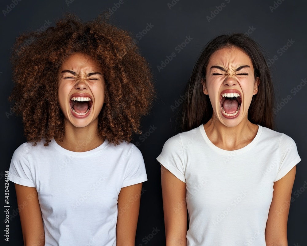 A woman with schizophrenia is photographed in a studio with a double exposure of her face, showcasing her intense emotions of scream, fear, and anger, reflecting her frustrated split personality,