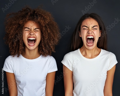 Obraz na płótnie A woman with schizophrenia is photographed in a studio with a double exposure of her face, showcasing her intense emotions of scream, fear, and anger, reflecting her frustrated split personality, w salonie