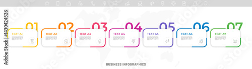 Modern vector flat illustration. Infographic numbers template with 7 rectangles, elements, icons. Timeline designed for business, presentations, web design, interface, diagrams with seven steps