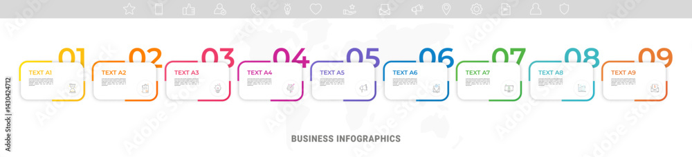 Modern vector flat illustration. Infographic numbers template with nine rectangles, elements, icons. Timeline designed for business, presentations, web design, interface, diagrams with 9 steps