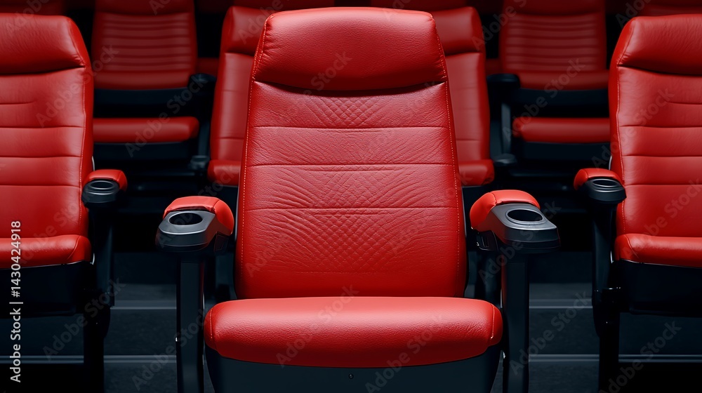 Obraz premium Rows of red, leather seats in a theater with black armrests, inviting viewers