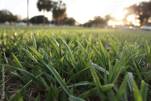 Close up of a grassy field with a tree in the background. The grass is lush and green, and the sun is shining brightly on it. The scene is peaceful and serene, with the grass