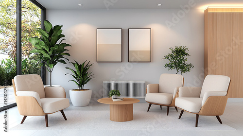 Elegant modern living room featuring stylish armchairs, round coffee table, and decorative plants. serene atmosphere is enhanced by natural light and minimalist decor